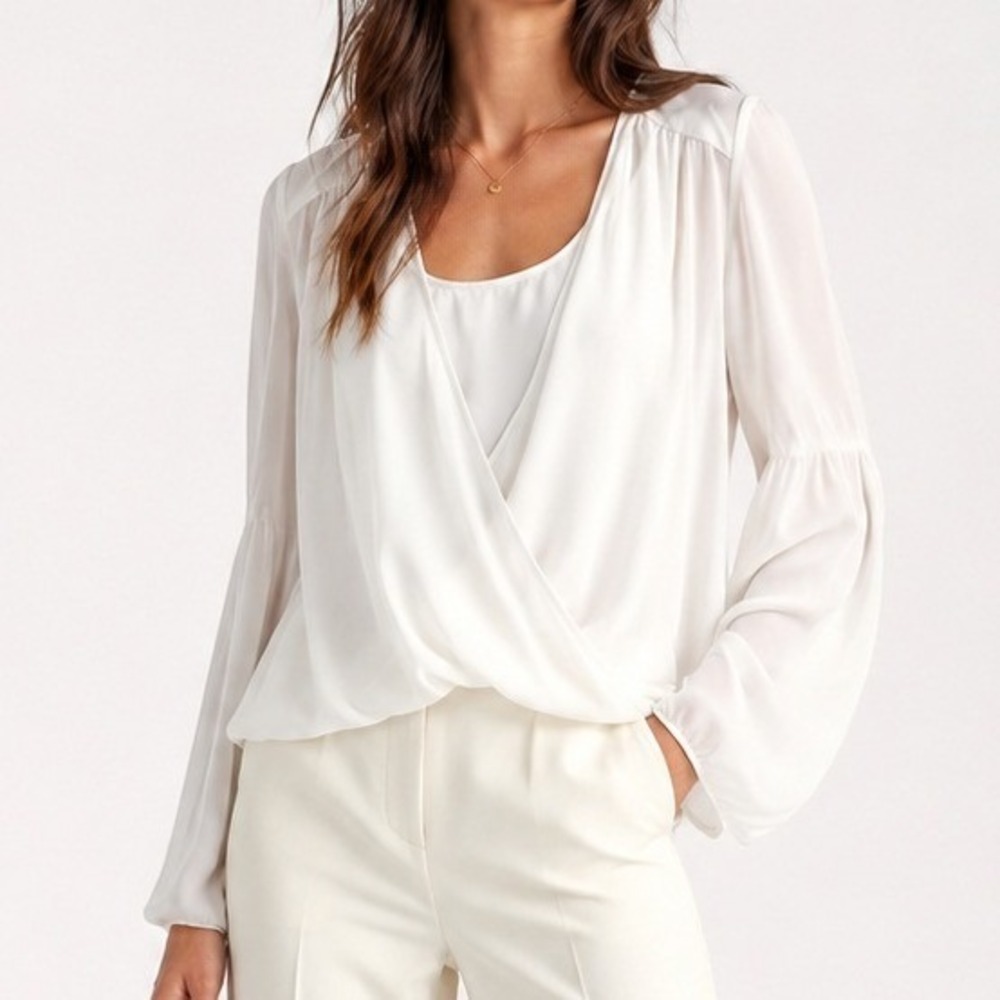 Laundry by Shelli Segal Boho White Surplice Drape Bell Sleeve Blouse Size 6 New